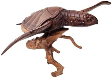 WorldBazzar Hand Carved Wood Turtle Coral Statue Brown