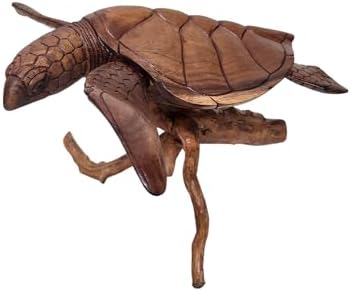 WorldBazzar Hand Carved Wood Turtle Coral Statue Brown