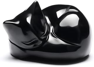Jovivi Polished Black Obsidian Sleeping Cat Figurine 16 Inch Handmade Crystal Kitten Statue