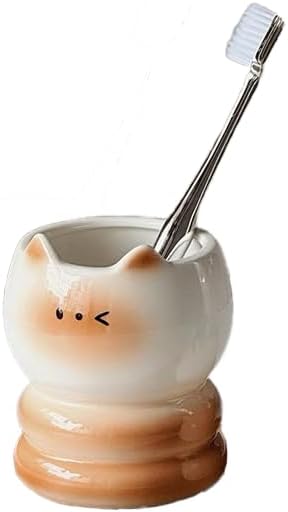 Ceramic Toothbrush Cup Holder - Cute Cat Shape White