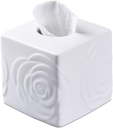 EtooCafe White Ceramic Rose Tissue Box Cover