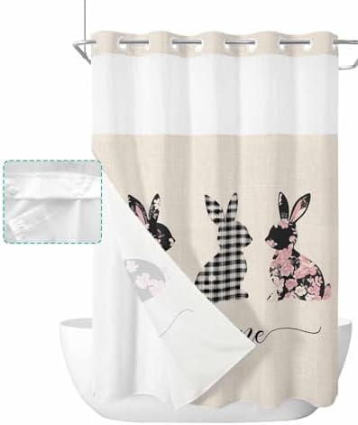 No Hook Easter Bunny Shower Curtain Set Black Checkered