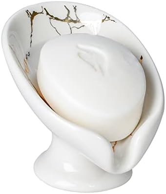 Self Draining Leaf Shape Ceramic Soap Dish with White Gold Marble Pattern