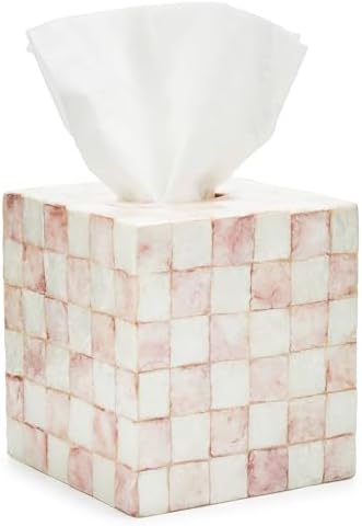 MACKENZIE-CHILDS Square Capiz Tissue Box Cover Rosy Check Pink and White