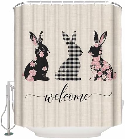 CosyBright Shower Curtain Set with Hooks 72x72 Inch Black Buffalo Plaid Easter Rabbits