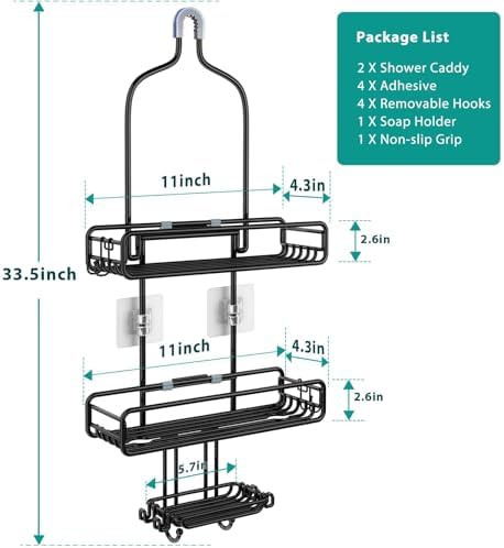 HAMITOR Adjustable Shower Caddy with 3-Tier Baskets and 4 Hooks - Black 1