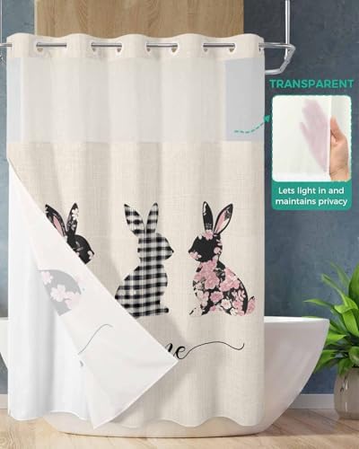 No Hook Easter Bunny Shower Curtain Set Black Checkered