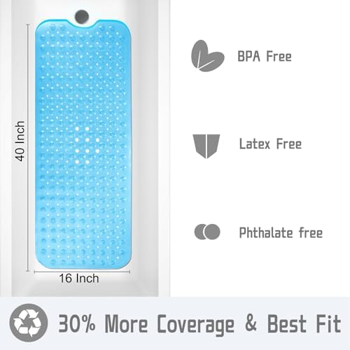 Yimobra Non-Slip Bath Mat 40x16 Clear Blue with 200 Suction Cups