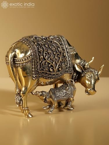 Exotic India Superfine Kamdhenu Cow Calf Brass Statue 1