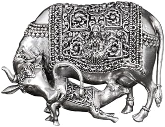 Exotic India Small Superfine Brass Kamdhenu Cow Statue with Lakshmi-Ganesha Carving