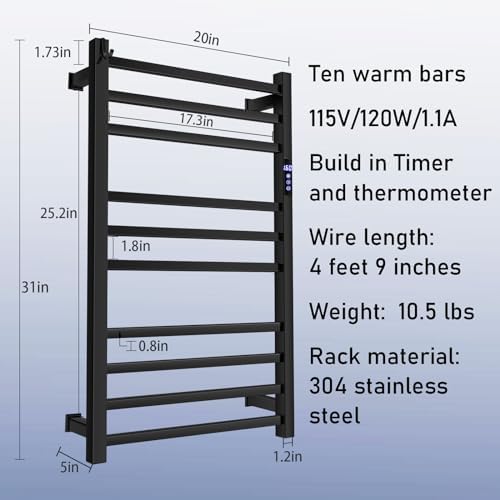 XBVV Matte Black 10-Bar Towel Warmer Rack with Timer and F Display