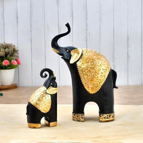Small Elephant Family Black with Gold Resin Sculpture