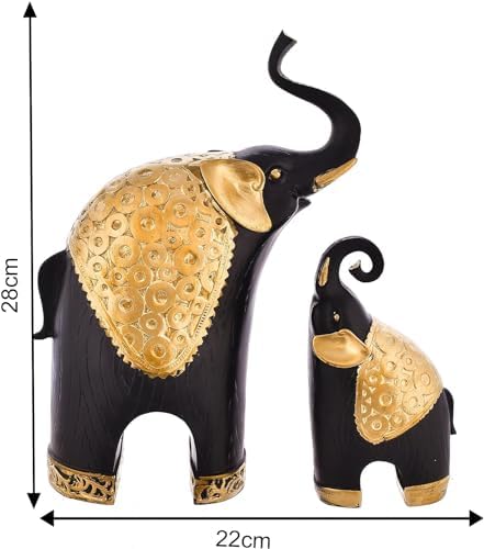 Small Elephant Family Black with Gold Resin Sculpture