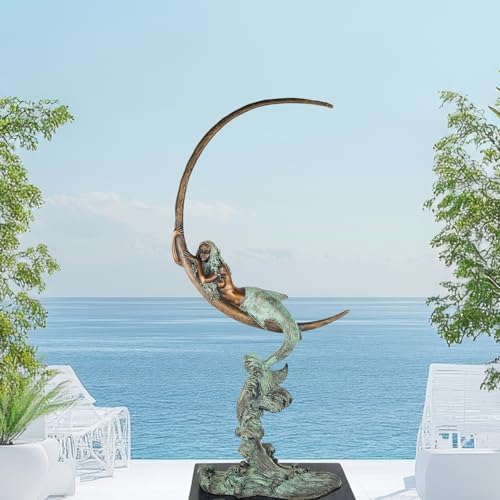 Bronze Mermaid on Crescent Moon Sculpture Moonlight Siren