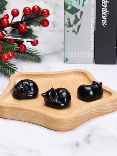 Jovivi Polished Black Obsidian Sleeping Cat Figurine 16 Inch Handmade Crystal Kitten Statue