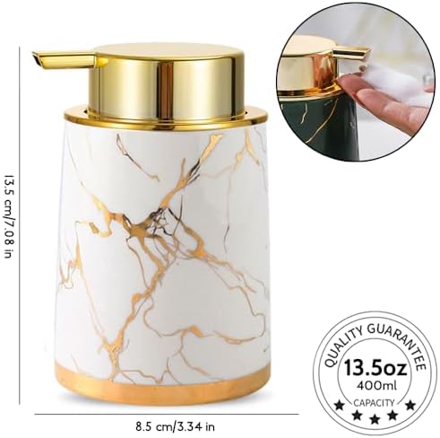 Ceramic Foaming Soap Dispenser with Gold Pump 135Oz White Marble Design