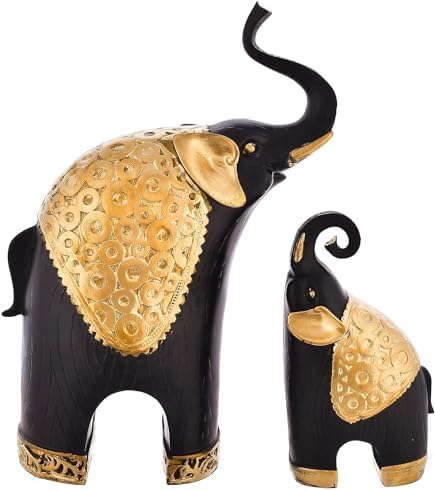 Small Elephant Family Black with Gold Resin Sculpture