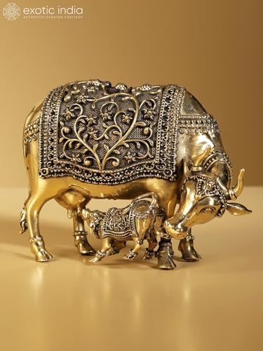 Exotic India Superfine Kamdhenu Cow Calf Brass Statue 1