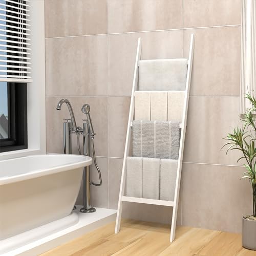 POXAKA 5-Tier Bamboo Blanket Ladder with White Lacquer