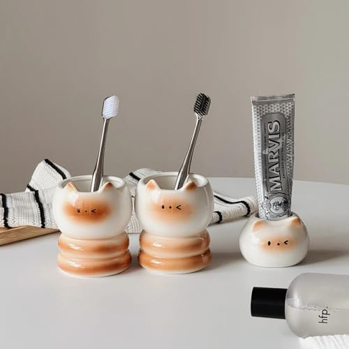 Ceramic Toothbrush Cup Holder - Cute Cat Shape White