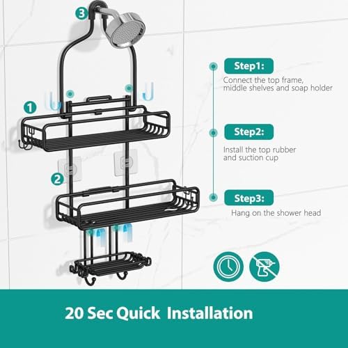 HAMITOR Adjustable Shower Caddy with 3-Tier Baskets and 4 Hooks - Black 1