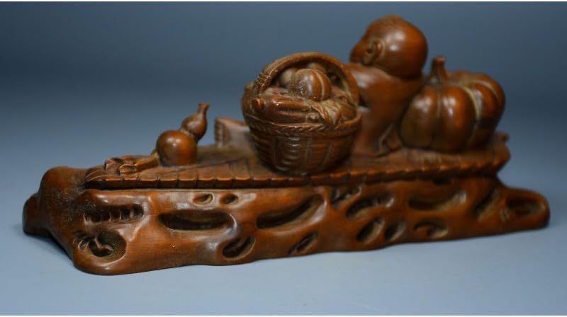Handcrafted Boxwood Pumpkin Bottle Gourd Child Statue 1