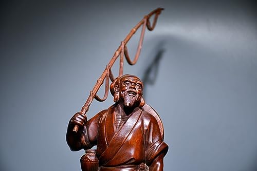 Handcrafted Boxwood Fisherman Statue Meditating Home Decor