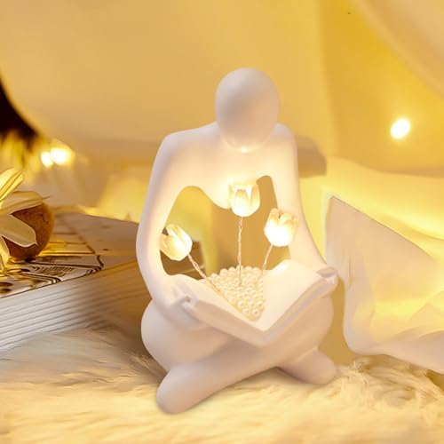 Reading Women Statue with Tulip Lamp Modern Thinker Sculpture Abstract Art Figurine