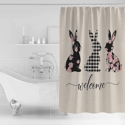 CosyBright Shower Curtain Set with Hooks 72x72 Inch Black Buffalo Plaid Easter Rabbits