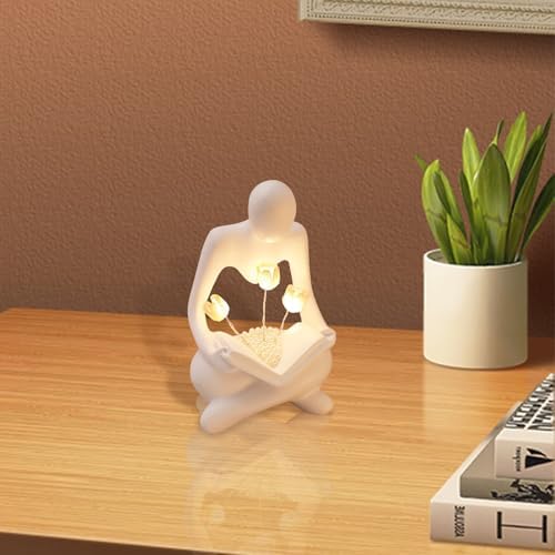 Reading Women Statue with Tulip Lamp Modern Thinker Sculpture Abstract Art Figurine