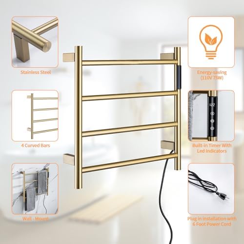 TRJIKAG Heated Towel Racks 4 Bars Electric Warm Towel Dryer Gold
