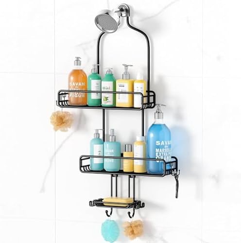HAMITOR Adjustable Shower Caddy with 3-Tier Baskets and 4 Hooks - Black 1