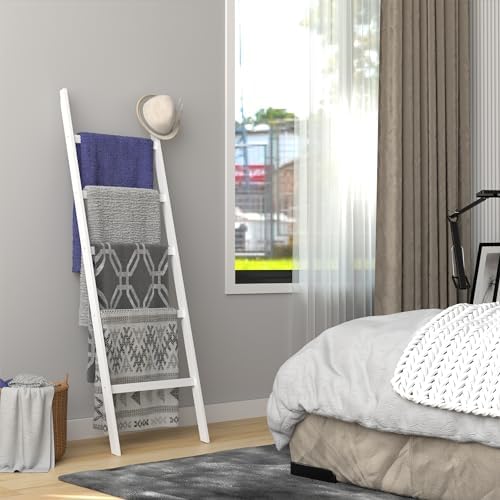 POXAKA 5-Tier Bamboo Blanket Ladder with White Lacquer