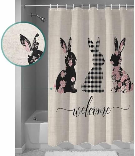 CosyBright Shower Curtain Set with Hooks 72x72 Inch Black Buffalo Plaid Easter Rabbits
