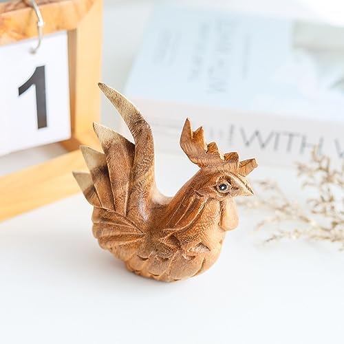 Thai Wooden Hand Carved Rooster Statue - Rustic Home Decor Accent