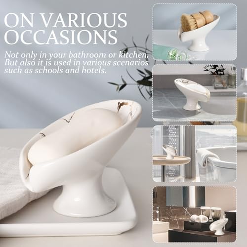 Self Draining Leaf Shape Ceramic Soap Dish with White Gold Marble Pattern
