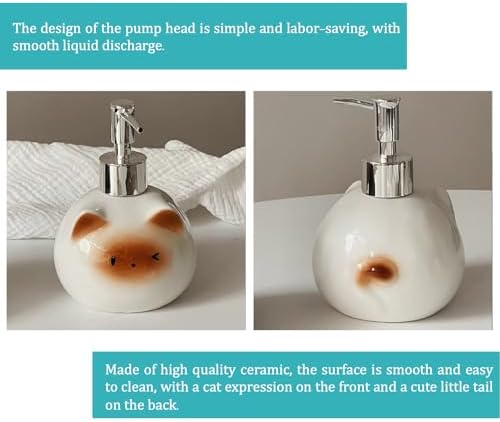 Ceramic Cat Soap Dispenser with Stainless Steel Pump 15 oz Refillable