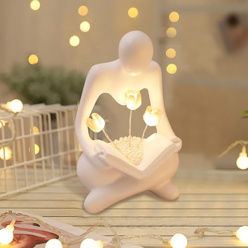 Reading Women Statue with Tulip Lamp Modern Thinker Sculpture Abstract Art Figurine