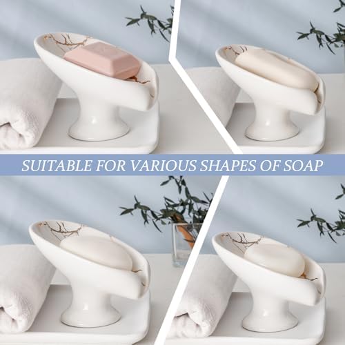 Self Draining Leaf Shape Ceramic Soap Dish with White Gold Marble Pattern