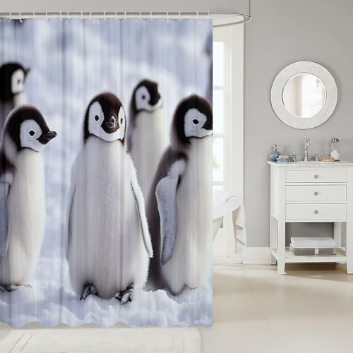 Penguin Shower Curtain Set For Boys 72x72 Inches With 12 Hooks