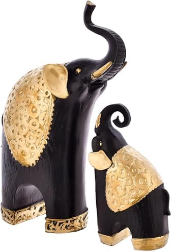 Small Elephant Family Black with Gold Resin Sculpture