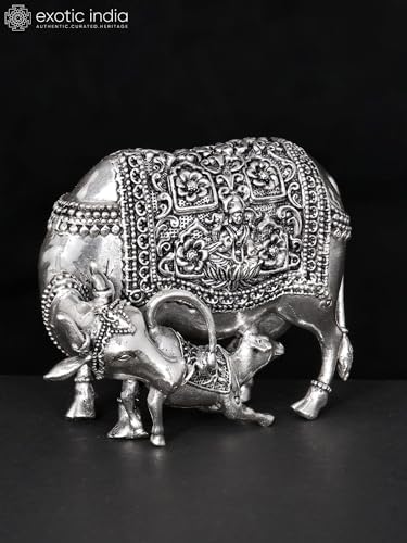 Exotic India Small Superfine Brass Kamdhenu Cow Statue with Lakshmi-Ganesha Carving