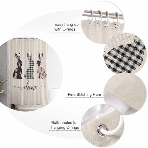 CosyBright Shower Curtain Set with Hooks 72x72 Inch Black Buffalo Plaid Easter Rabbits