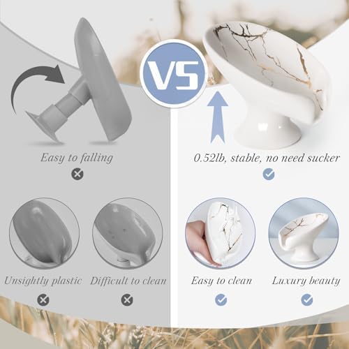 Self Draining Leaf Shape Ceramic Soap Dish with White Gold Marble Pattern