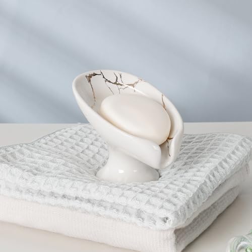 Self Draining Leaf Shape Ceramic Soap Dish with White Gold Marble Pattern