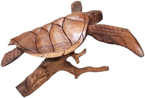 WorldBazzar Hand Carved Wood Turtle Coral Statue Brown