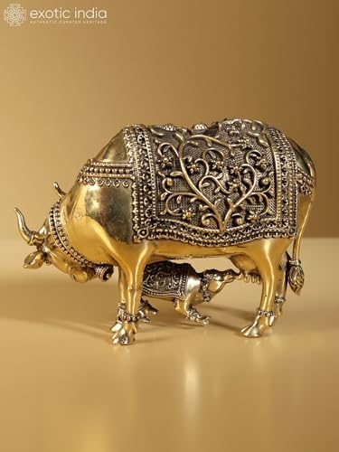 Exotic India Superfine Kamdhenu Cow Calf Brass Statue 1