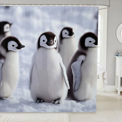 Penguin Shower Curtain Set For Boys 72x72 Inches With 12 Hooks