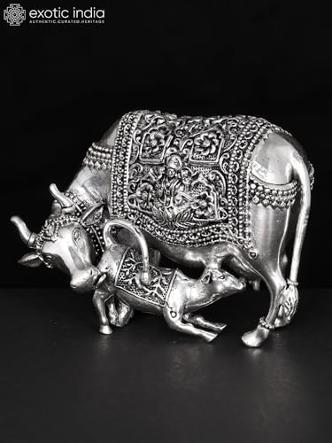 Exotic India Small Superfine Brass Kamdhenu Cow Statue with Lakshmi-Ganesha Carving