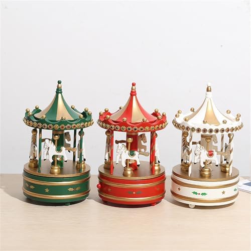 Nudsfuii Gold Wood Musical Rotating Carousel Christmas Figurine Table Decor